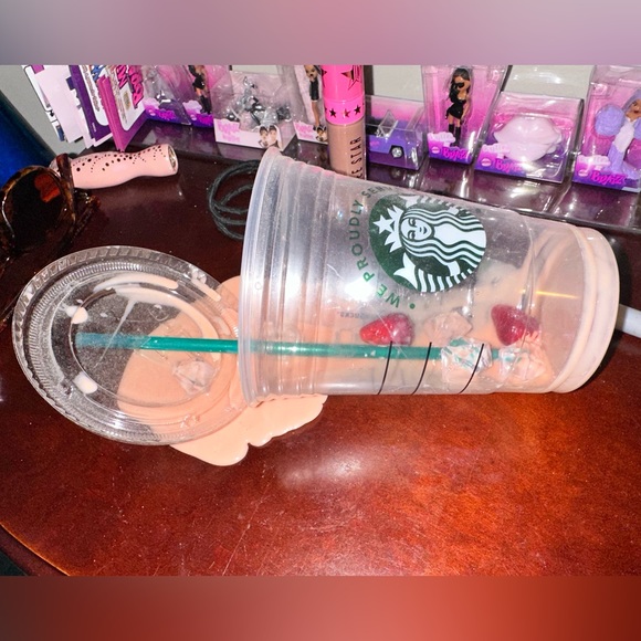 Spilled Pink Drink Strawberries Fake Food Photo Prop Resin Real Starbucks Cup - Picture 2 of 4